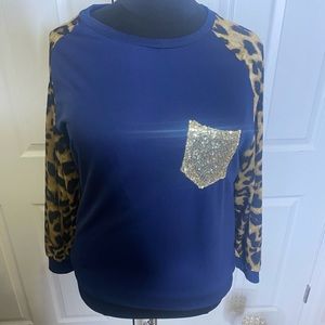 Blue Leopard Print Gold Bling Sweater